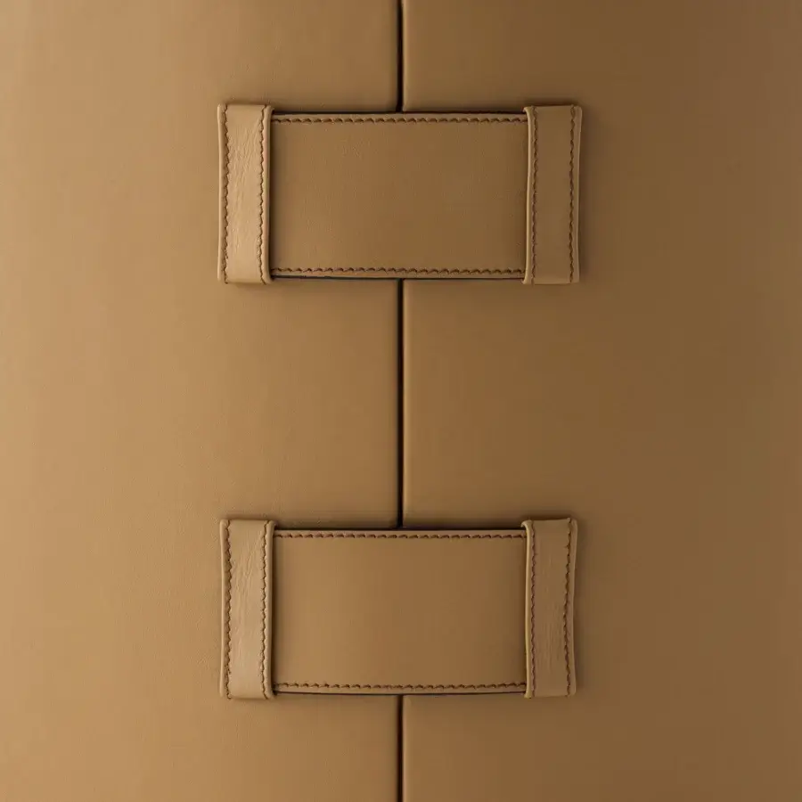 Exceptional Turri Atelier side table with cylindrical tan leather and beveled walnut wood top crafted in Italy