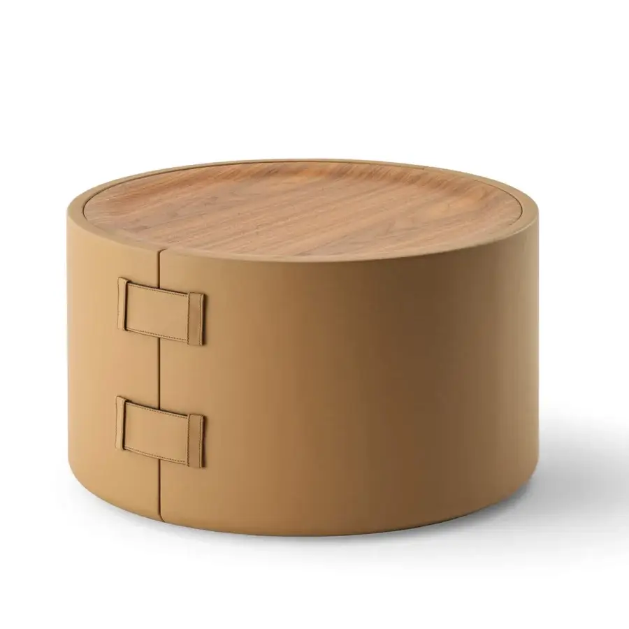 Distinguished Turri Atelier side table with cylindrical tan leather structure and subtly beveled walnut wood top