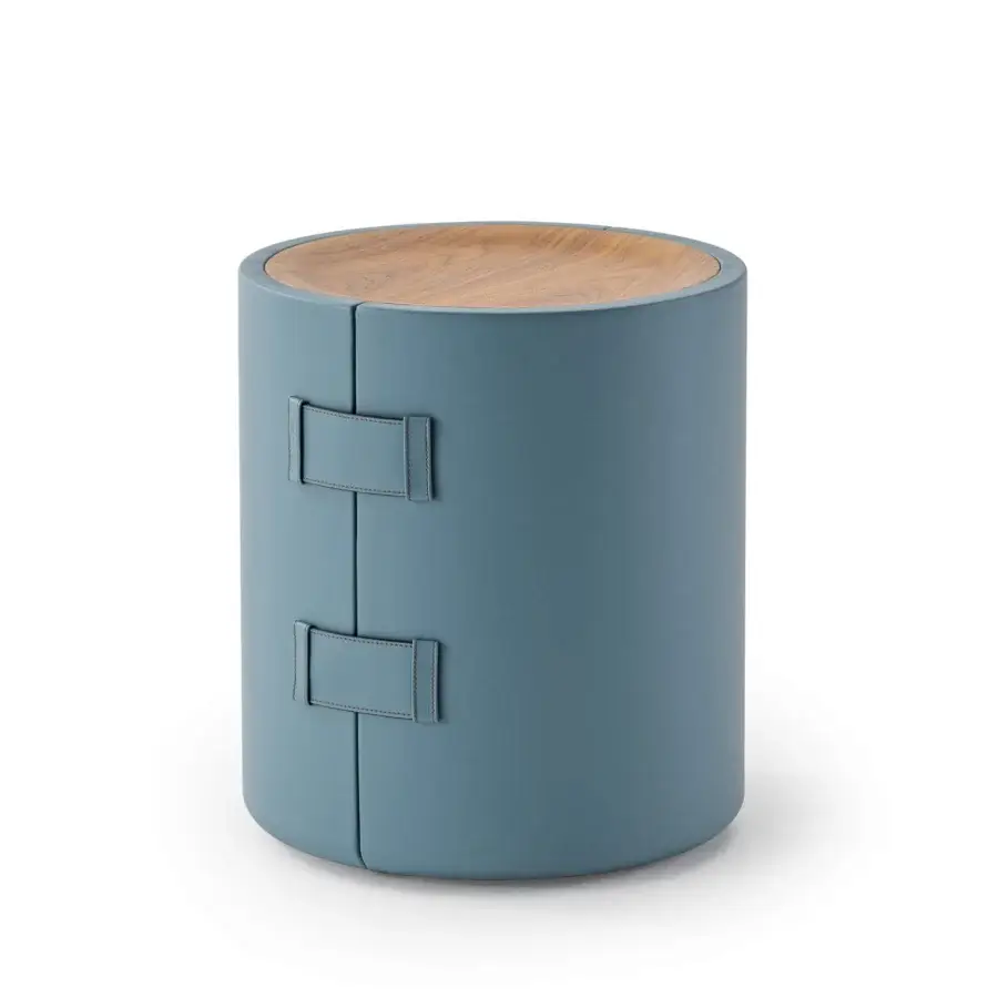 Superior Turri Atelier side table with cylindrical matte blue leather and walnut wood top crafted with a subtle bevel