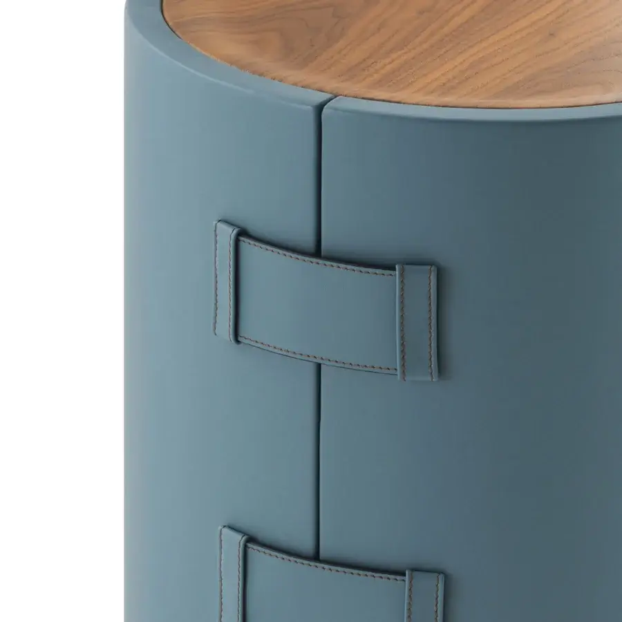 Distinguished Turri Atelier side table with cylindrical blue leather and beveled walnut wood top crafted in Italy