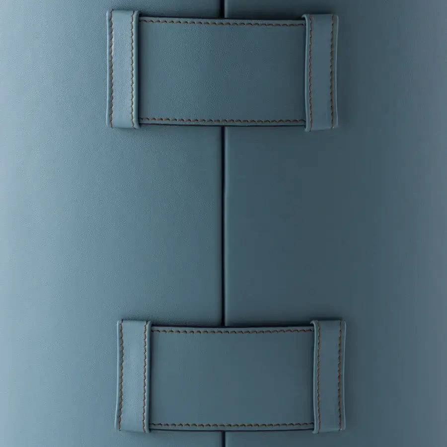 Exceptional Turri Atelier side table with cylindrical light blue leather and beveled walnut wood top crafted in Italy
