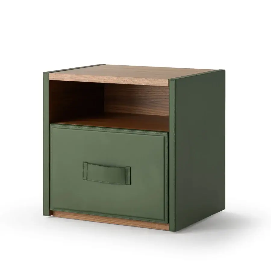Impeccable Turri Atelier nightstand built in soft green leather and satin-finished walnut wood with a minimalist design