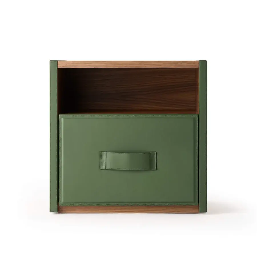 Superior Turri Atelier nightstand crafted in Italy with walnut wood and green leather drawer front