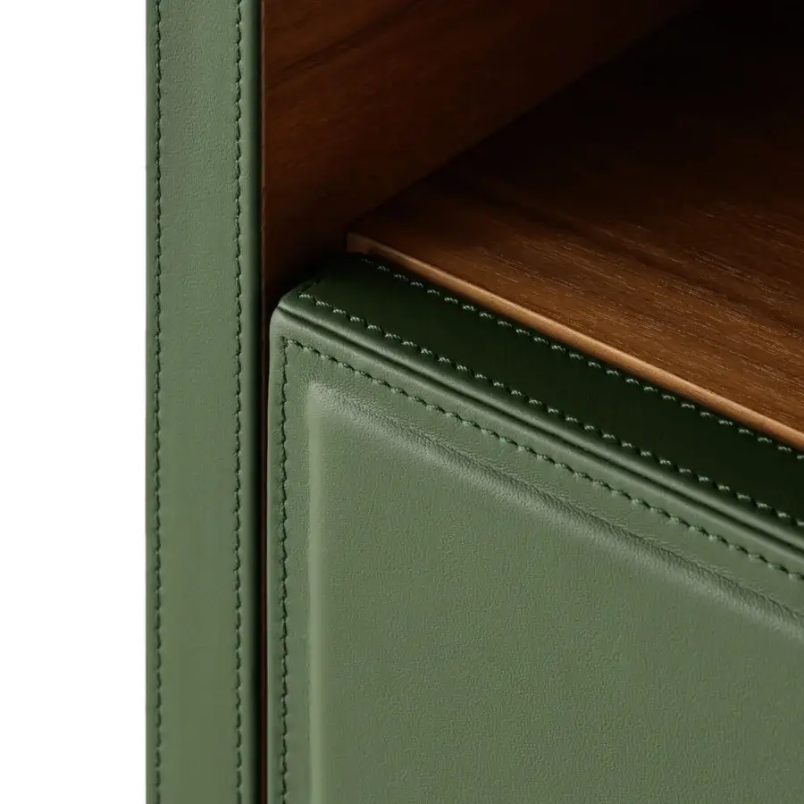 Distinguished Turri Atelier nightstand crafted in green synthetic leatherette with a warm walnut wood top and interior