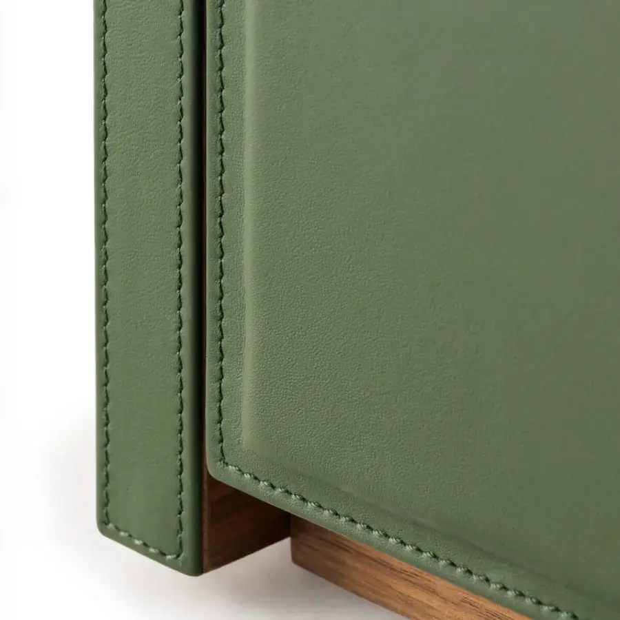 Exceptional Turri Atelier nightstand in green synthetic leather with walnut wood top and meticulous stitching details