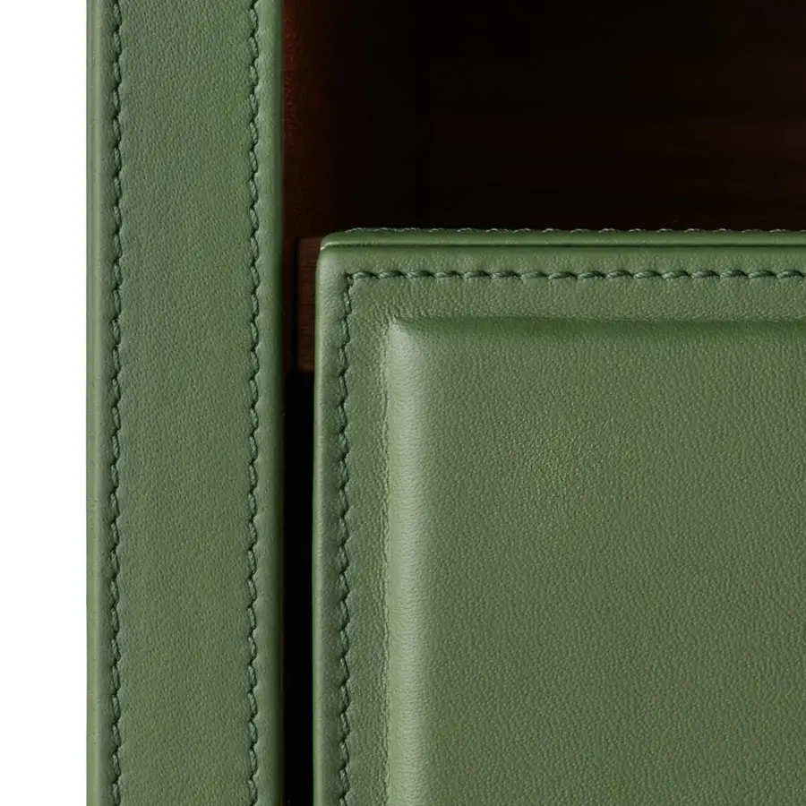 Exceptional Turri Atelier nightstand with supple green leather and warm walnut wood crafting contemporary Italian style