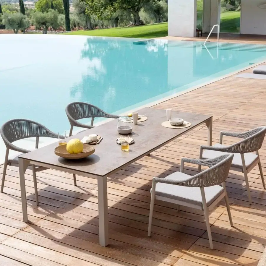 Exceptional Varaschin Clever armchair with matte gray powder-coated aluminum and light gray woven synthetic cord seat