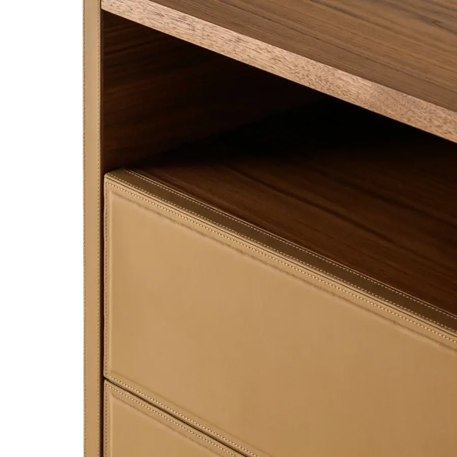 Exceptional Turri Atelier dresser built in walnut wood with tan leather encasing drawers and an open compartment