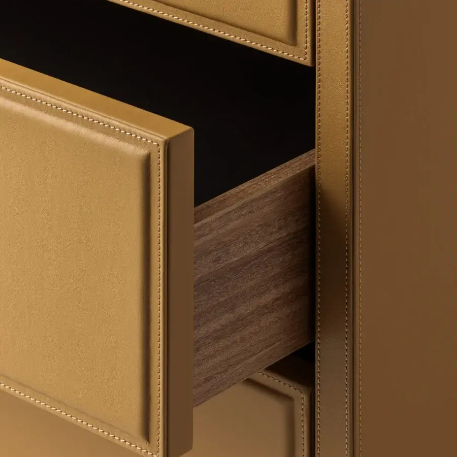 Superior Turri Atelier dresser crafted in walnut wood with warm tan leather and visible stitching details