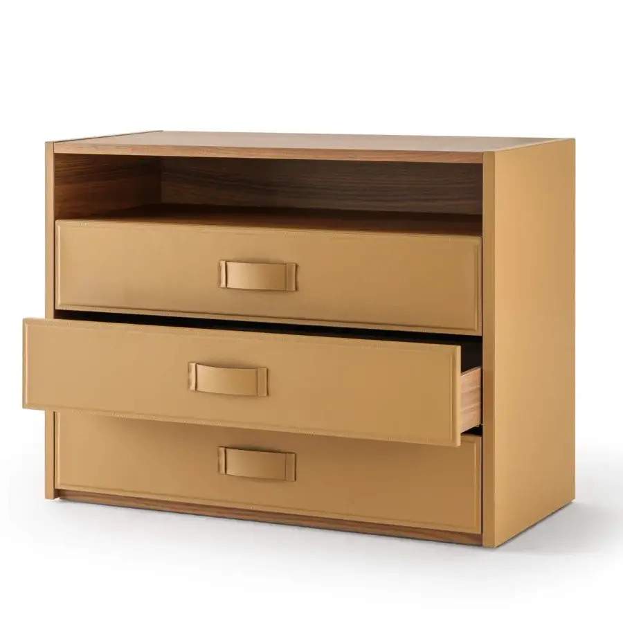 Elegant Turri Atelier dresser in walnut wood with light brown leather and balanced open compartment design