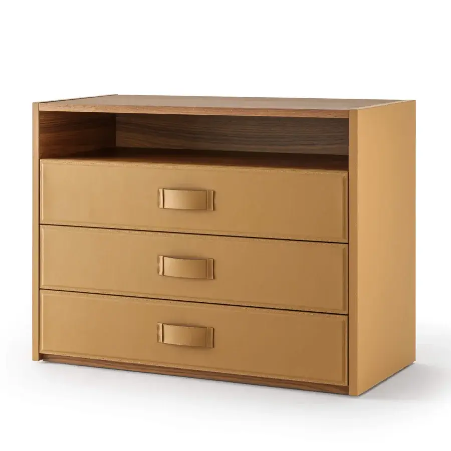 Distinguished Turri Atelier dresser in walnut wood with tan leather drawers and recessed wooden base
