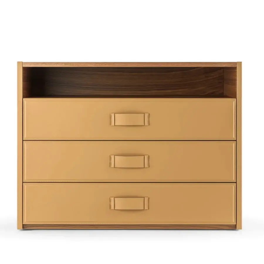 Exclusive Turri Atelier dresser in walnut wood with tan leather drawers and warm brown satin finish