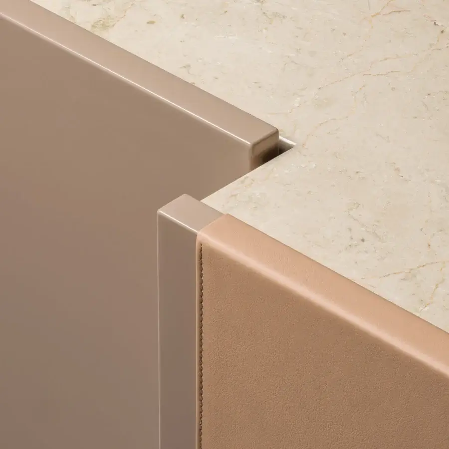 Elegant Turri Echo sideboard with walnut wood, beige leather and lustrous marble top showcasing skilled Italian craftsmanship