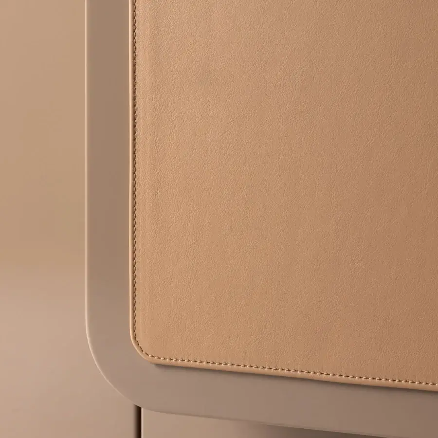 Exceptional Turri Echo sideboard with walnut wood base and light tan leather panel showcasing subtle stitching