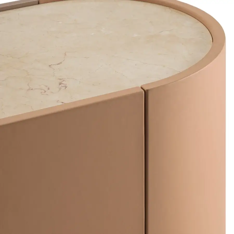 Harmonious Turri Echo sideboard with walnut wood base and beige marble top, crafted in tan leather accents