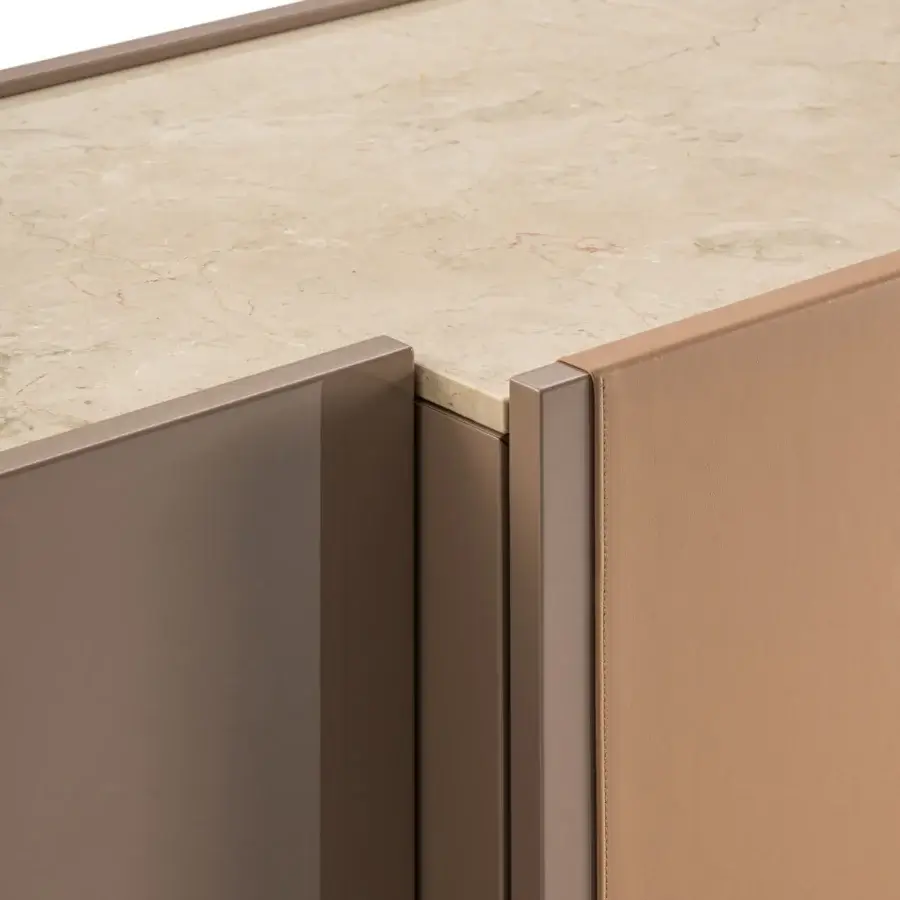 Lavish Turri Echo sideboard with walnut wood base and light beige stone-like composite top with tan leather cladding
