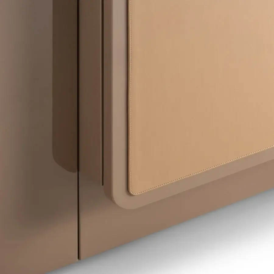 Distinguished Turri Echo sideboard with walnut wood base and sleek beige finish, crafted in leather detailing