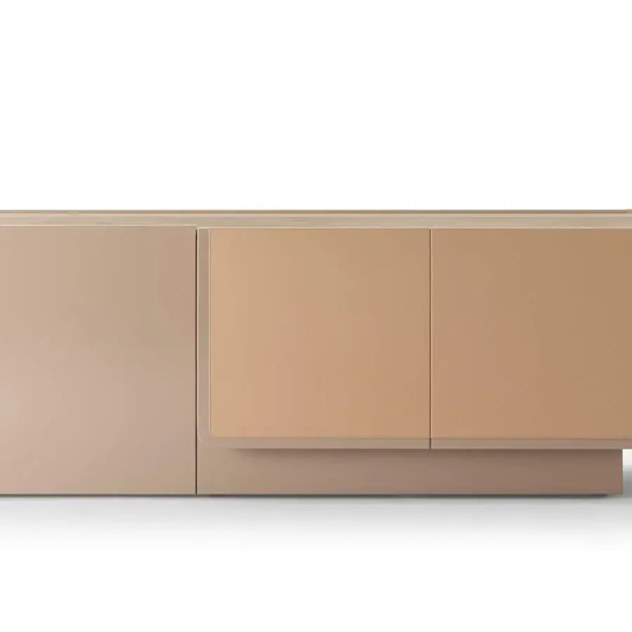 Exceptional Turri Echo sideboard crafted with walnut wood, exhibiting a dynamic contrast in leather and lighter-toned doors
