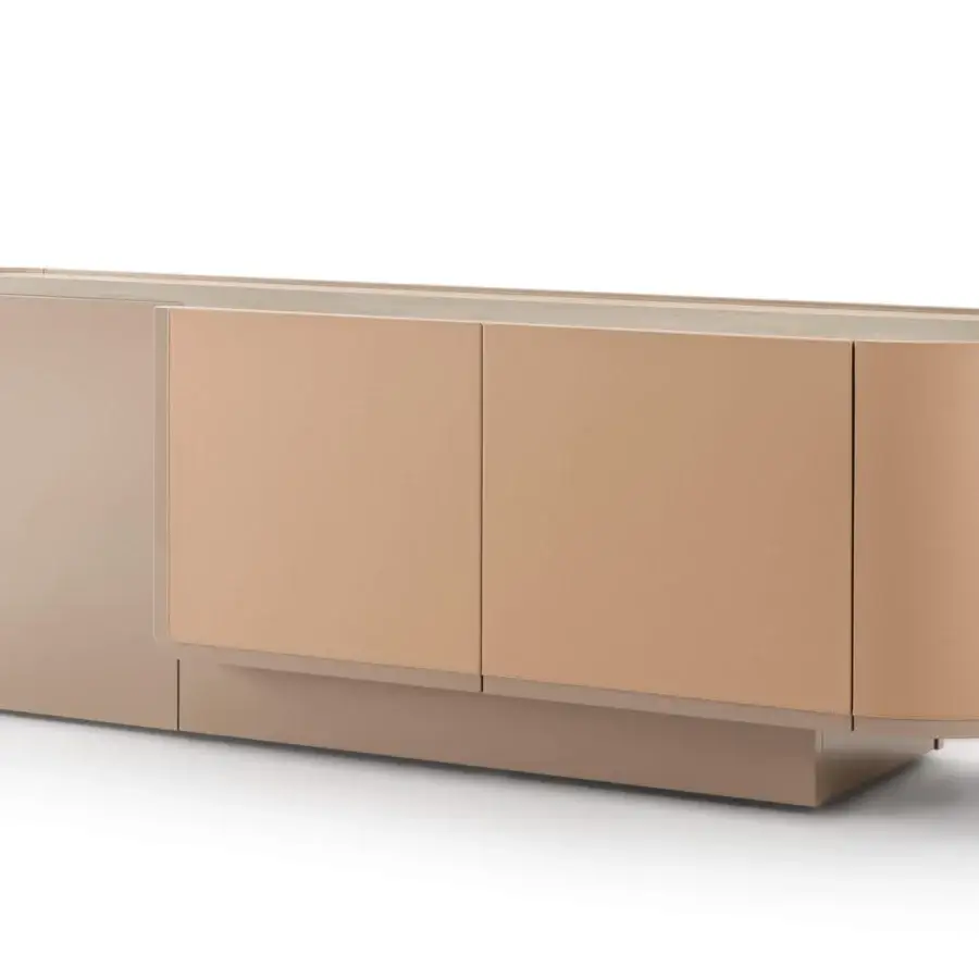 Superior Turri Echo sideboard crafted with walnut wood, exhibiting a light tan finish and refined leather contrast