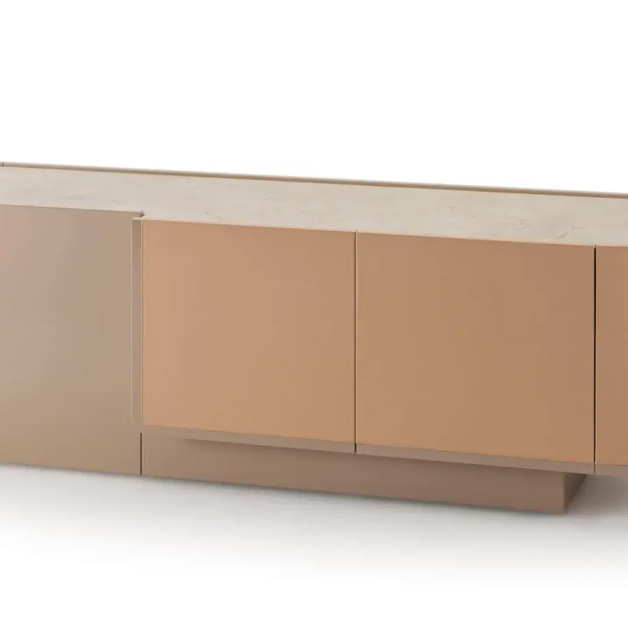 Elegant Turri Echo sideboard with walnut wood base and smooth matte tan finish, complemented by a light beige top