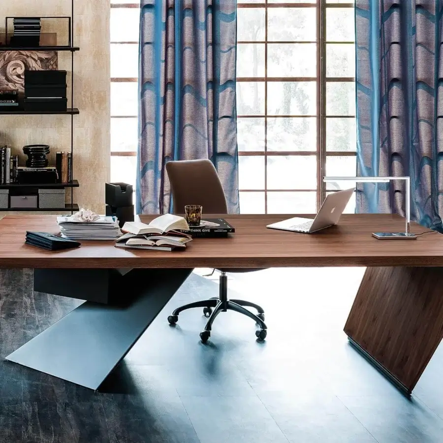 Exceptional Cattelan Italia Nasdaq desk with a Canaletto walnut desktop and graphite embossed lacquered steel leg