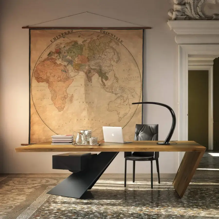 Elegant Cattelan Italia Nasdaq desk with a Canaletto walnut top and graphite embossed lacquered steel leg exhibiting a contemporary finish