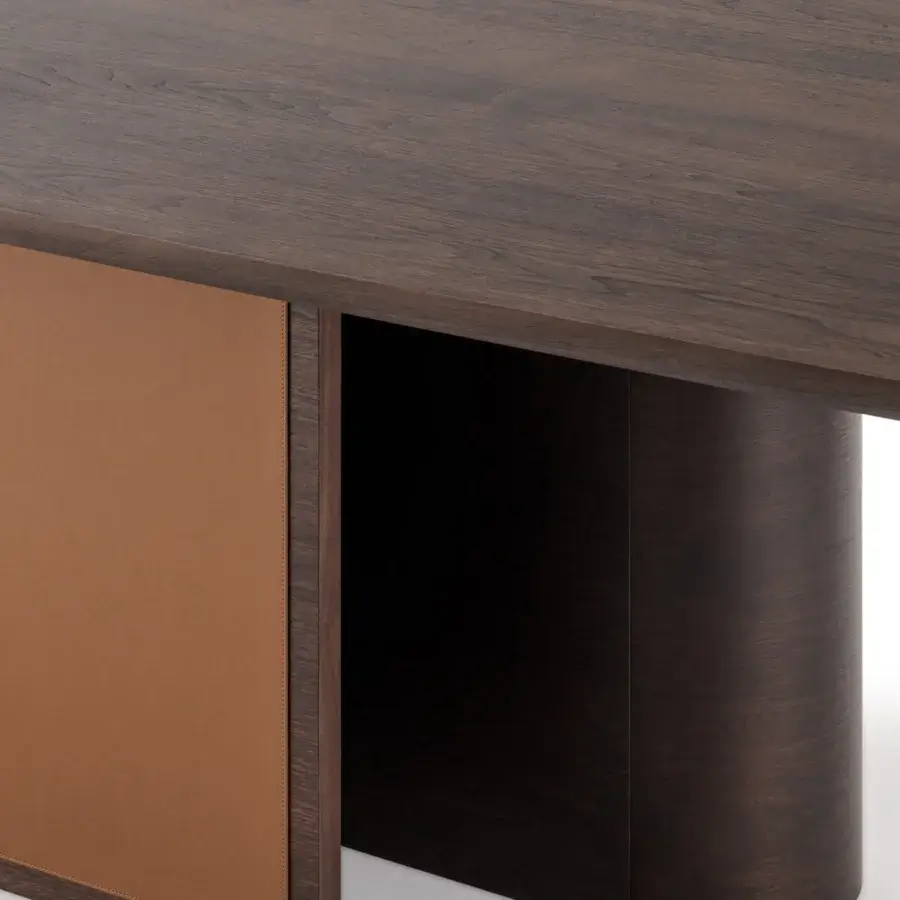 Superior Turri Echo table crafted in Italy with walnut wood top and tan leather wrapped base with dark brown matte finish