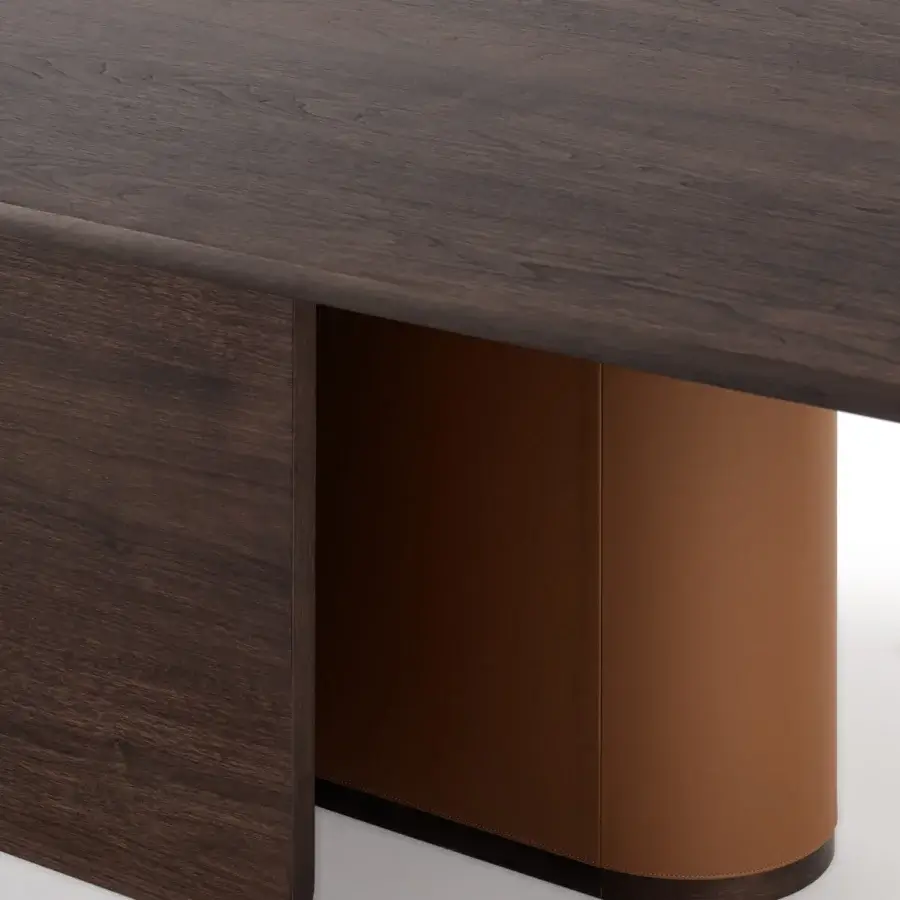 Distinguished Turri Echo table showcasing walnut wood and light brown leather with a dark brown finish