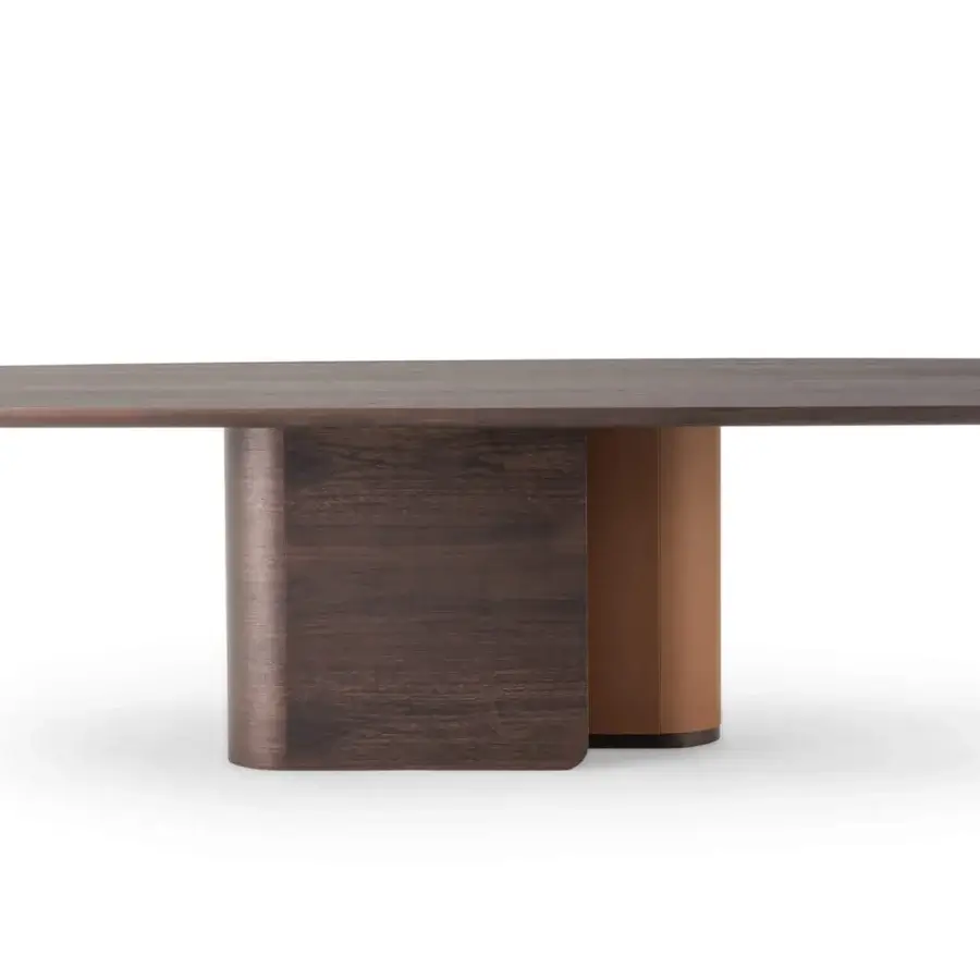 Harmonious Turri Echo table built in walnut wood partially wrapped with dark brown leather and a barrel-shaped top