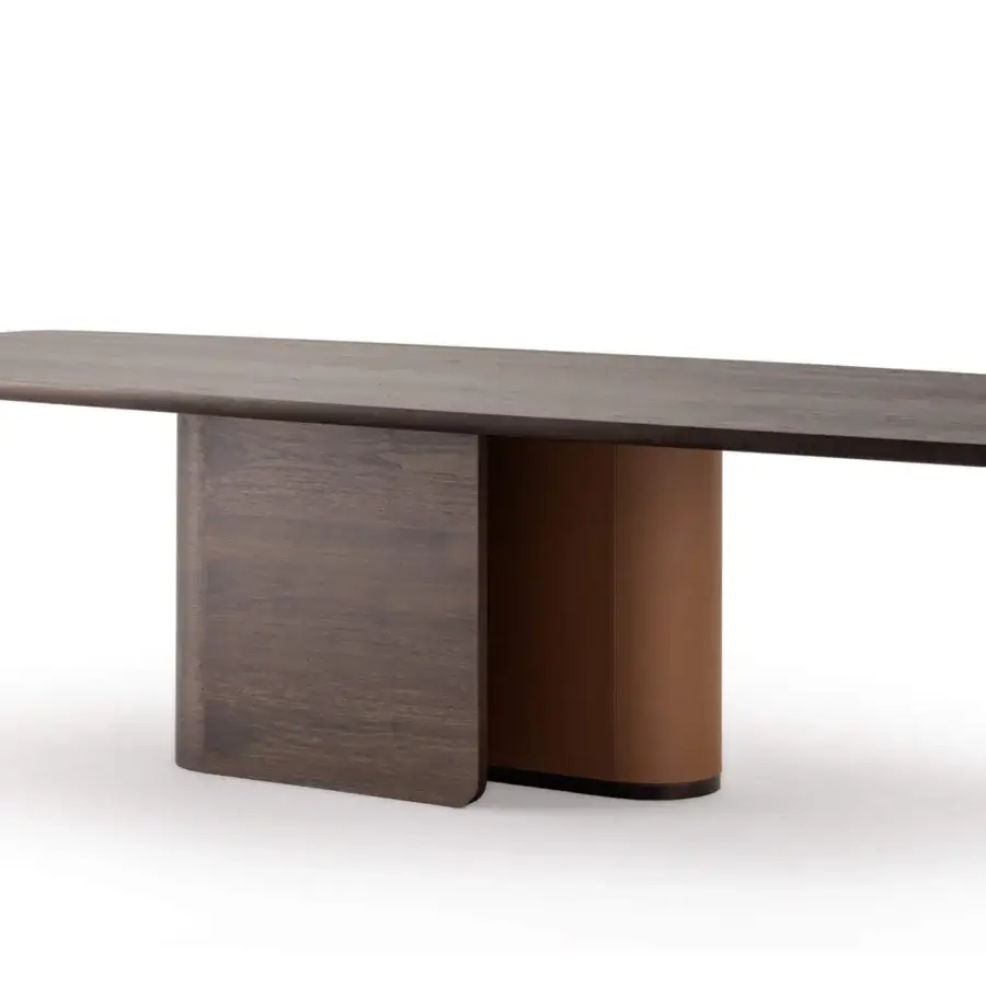 Distinguished Turri Echo table crafted in walnut wood with leather detailing and a matte dark brown finish