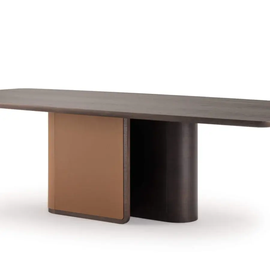 Exclusive Turri Echo table crafted with a dark wood barrel top and walnut wood base with tan leather paneling
