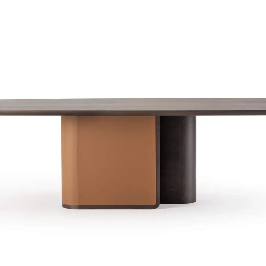 Superior Turri Echo table crafted with a walnut wood barrel top and unique base with leather detailing and matte finish