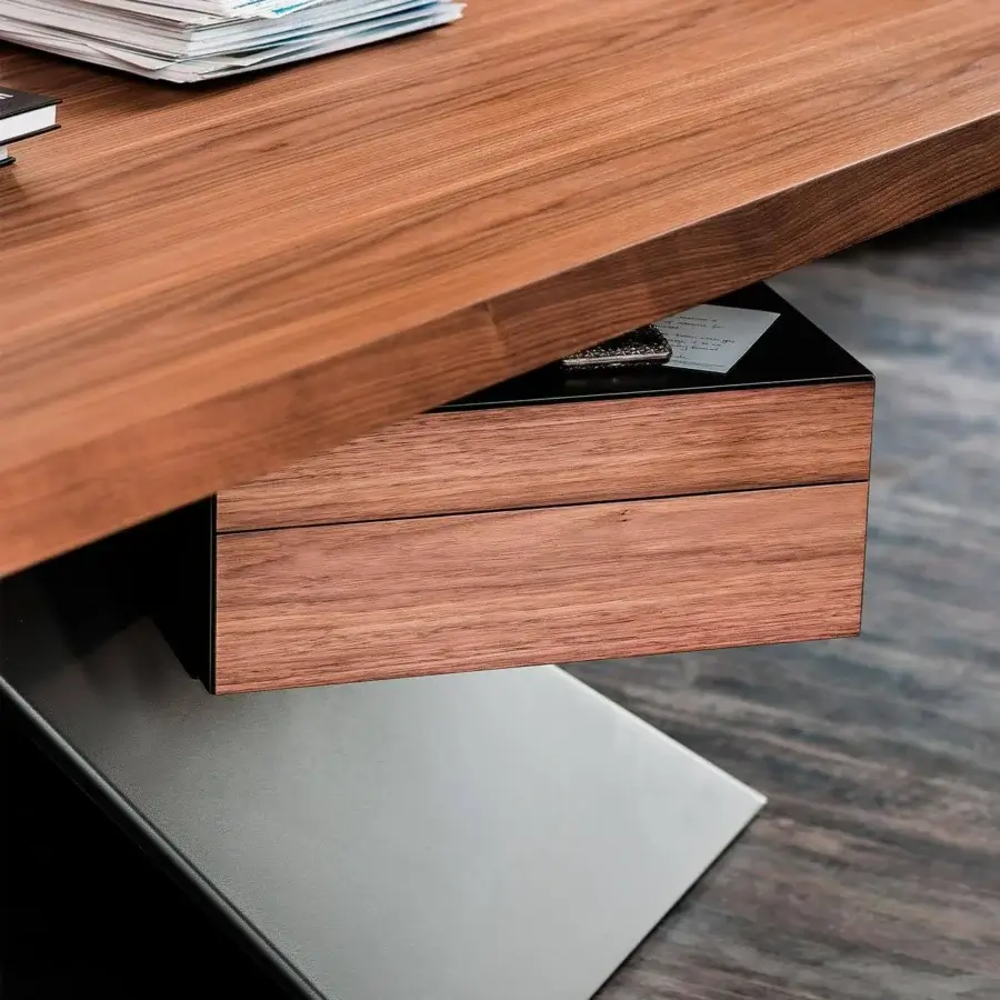 Distinguished Cattelan Italia Nasdaq desk with a Canaletto walnut top and drawers in graphite embossed lacquered steel construction