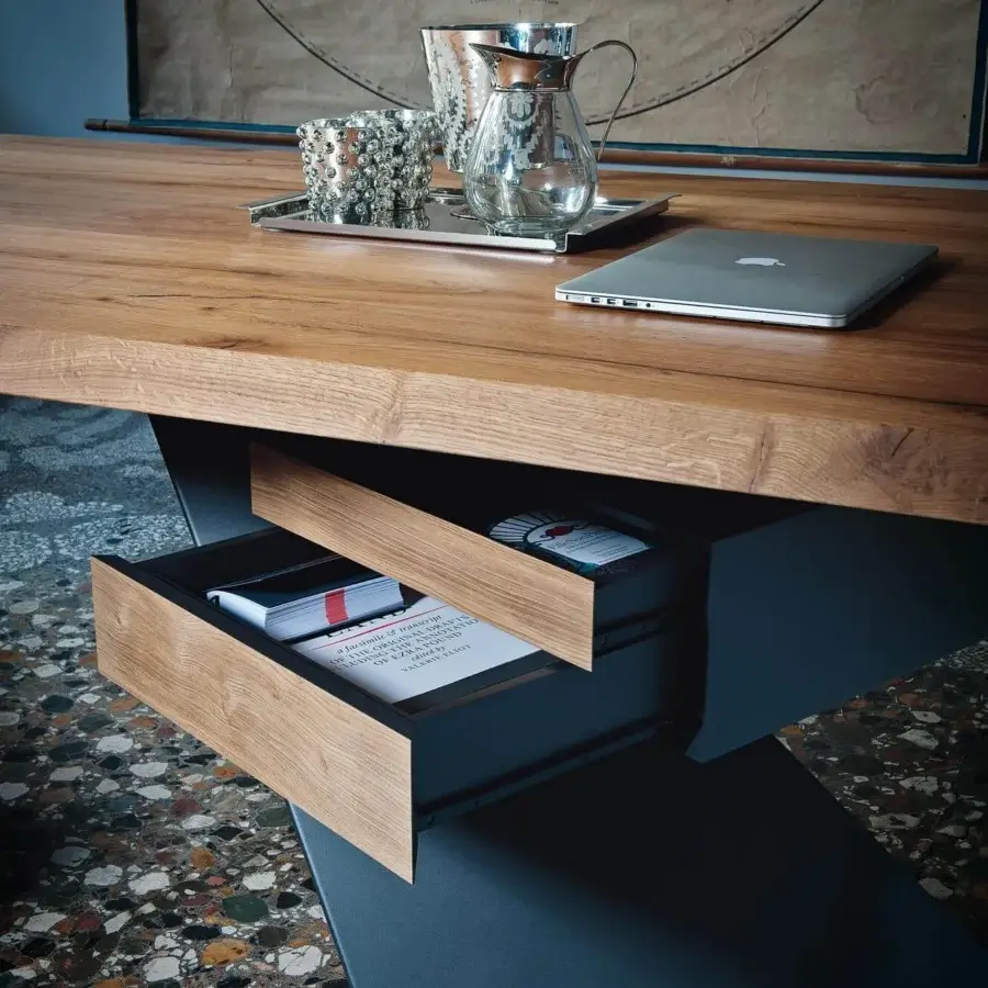 Remarkable Cattelan Italia Nasdaq desk with a Canaletto walnut top and drawer in graphite embossed lacquered steel finish