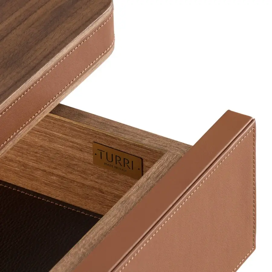 Exclusive Turri Echo desk with rounded walnut wood top and tan leather-lined drawers crafted with meticulous detail