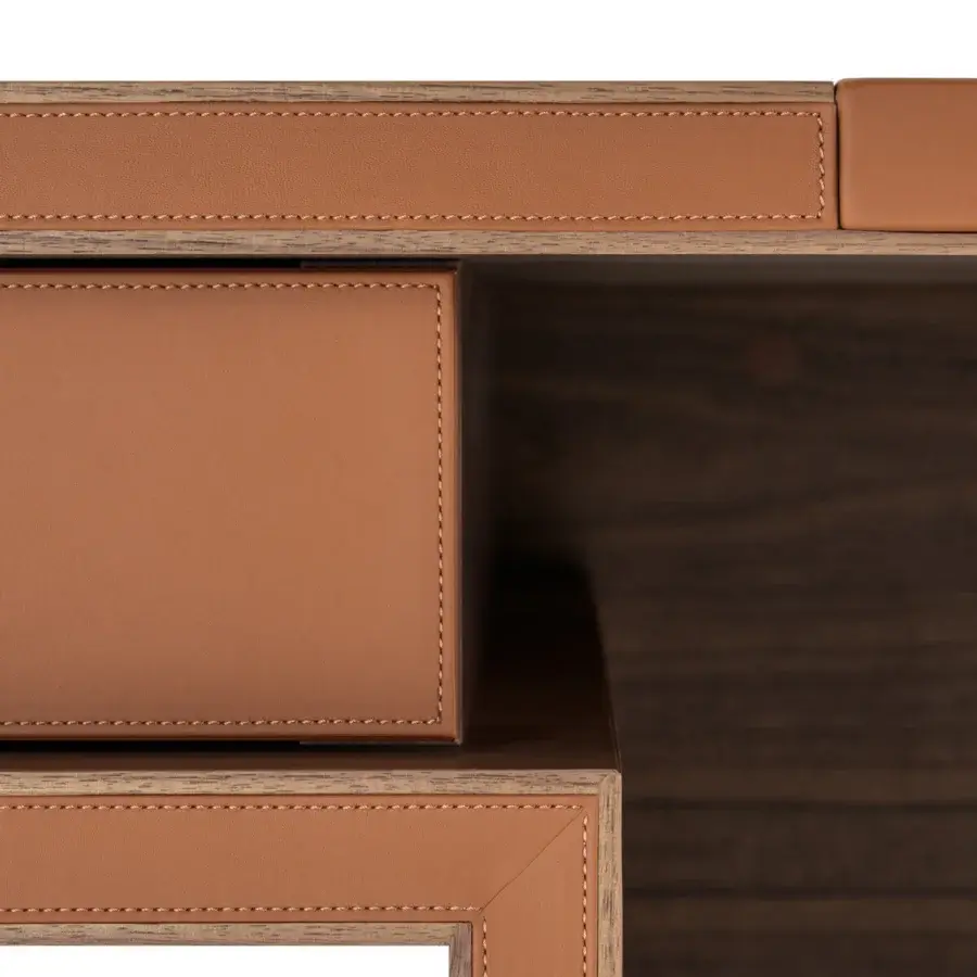Elegant Turri Echo desk with rounded corners, walnut wood top and light brown leather-lined drawers in a dark finish