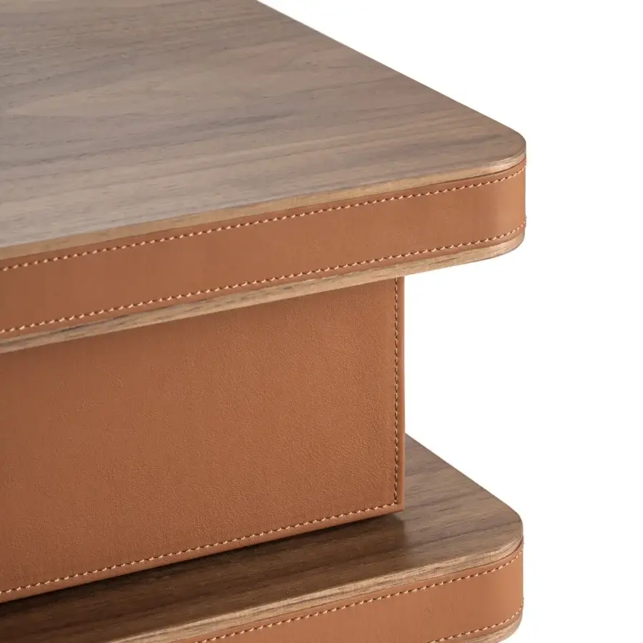 Exclusive Turri Echo desk with rounded walnut wood top and tan leather pad, built with leather-lined drawers and a smooth matte finish