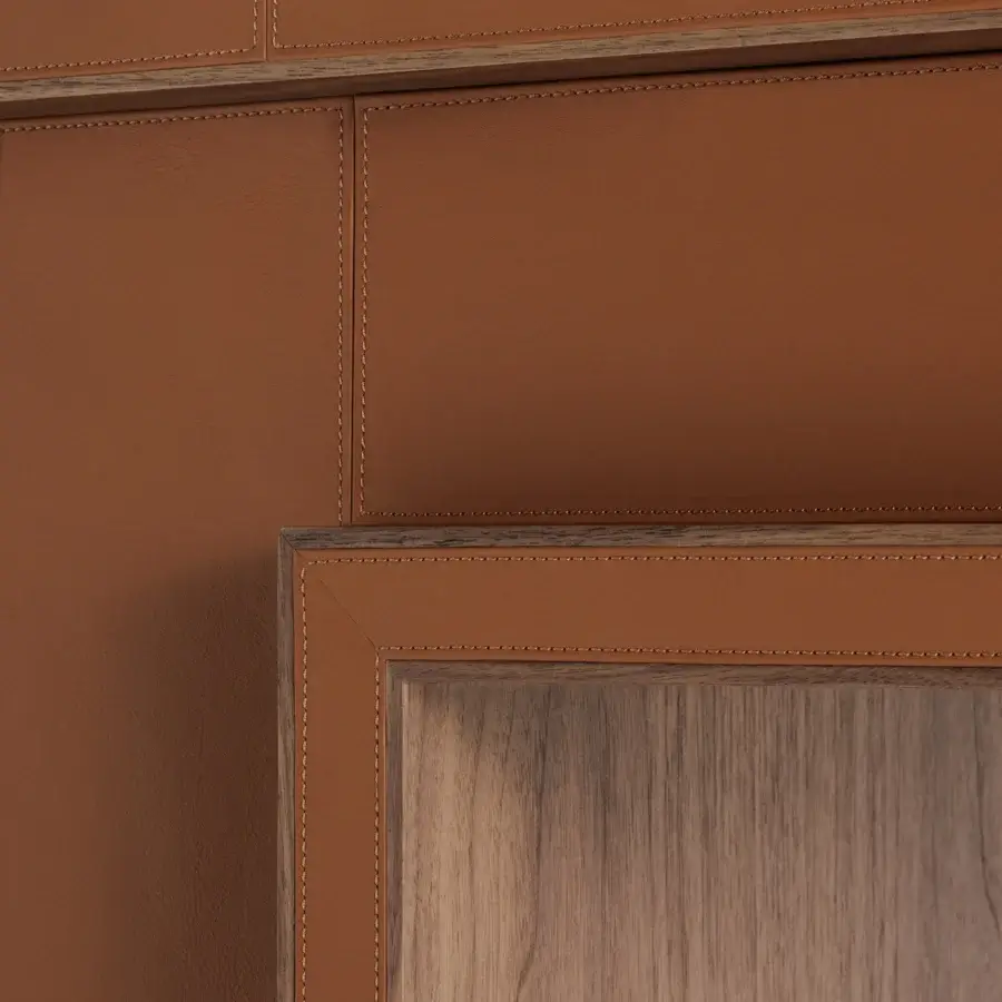 Distinguished Turri Echo desk with walnut wood top, integrated tan leather pad and meticulously stitched detailing