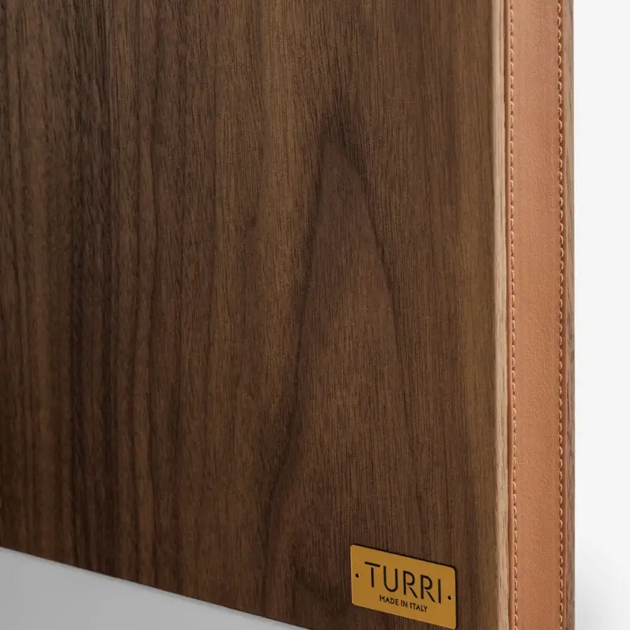 Exclusive Turri Echo desk with walnut wood top, integrated tan leather pad and smooth dark finish