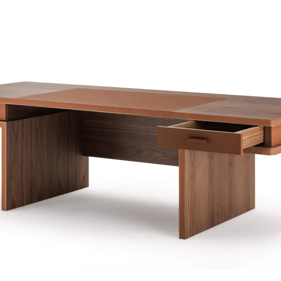 Superior Turri Echo desk with rounded walnut wood top and lighter brown leather-lined drawers for optimized organization