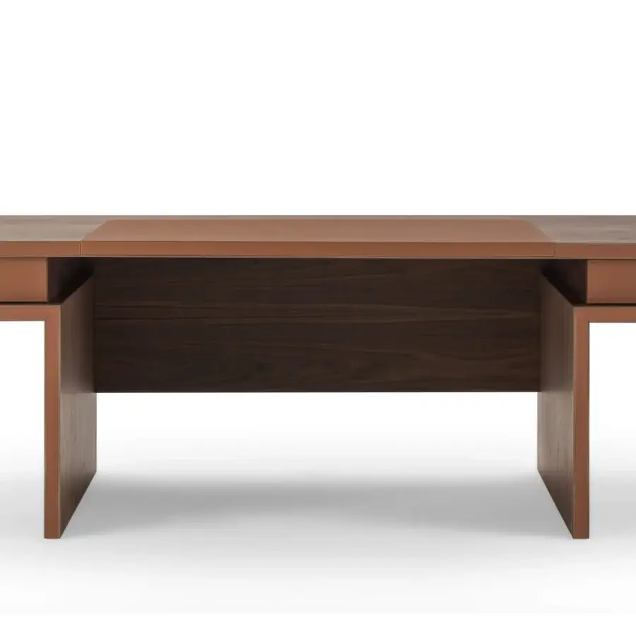 Elegant Turri Echo desk with walnut wood top and supple medium brown leather pad, crafted with leather-lined drawers