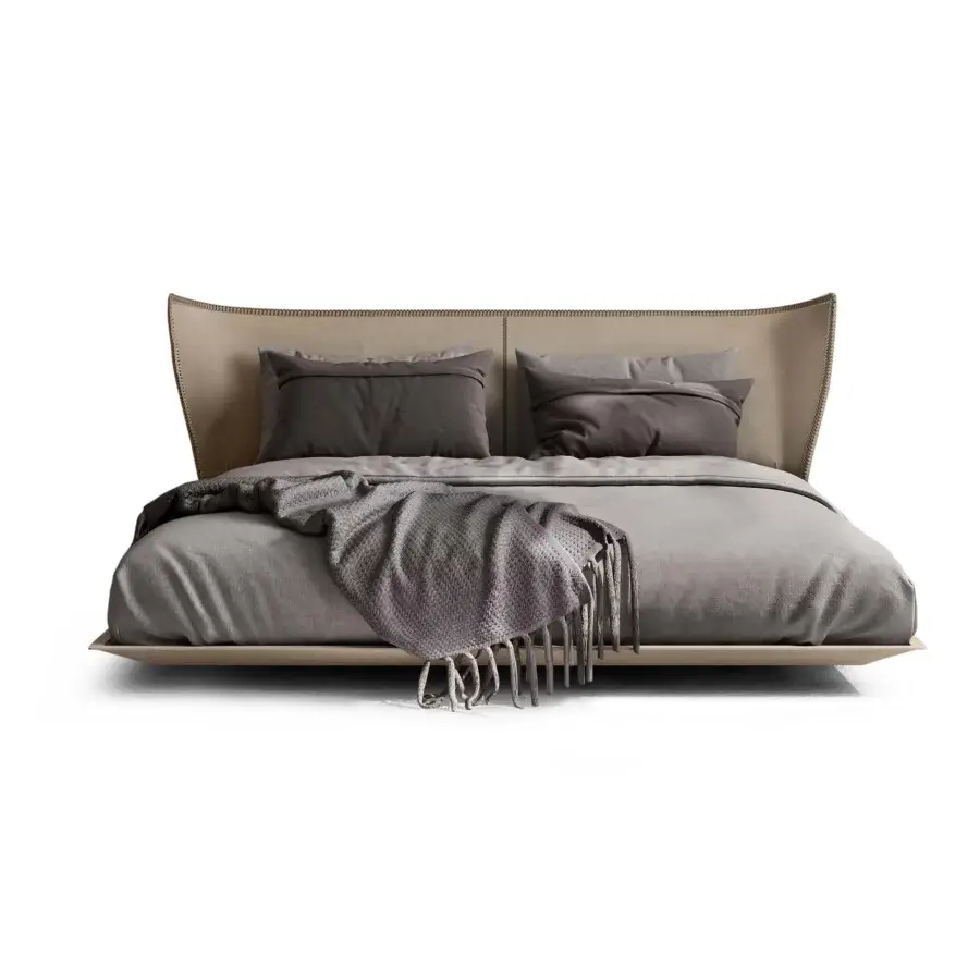 Elegant WAYNE Enterprises WE-022 bed with light gray fabric upholstery and lacquered base detailing black stitching