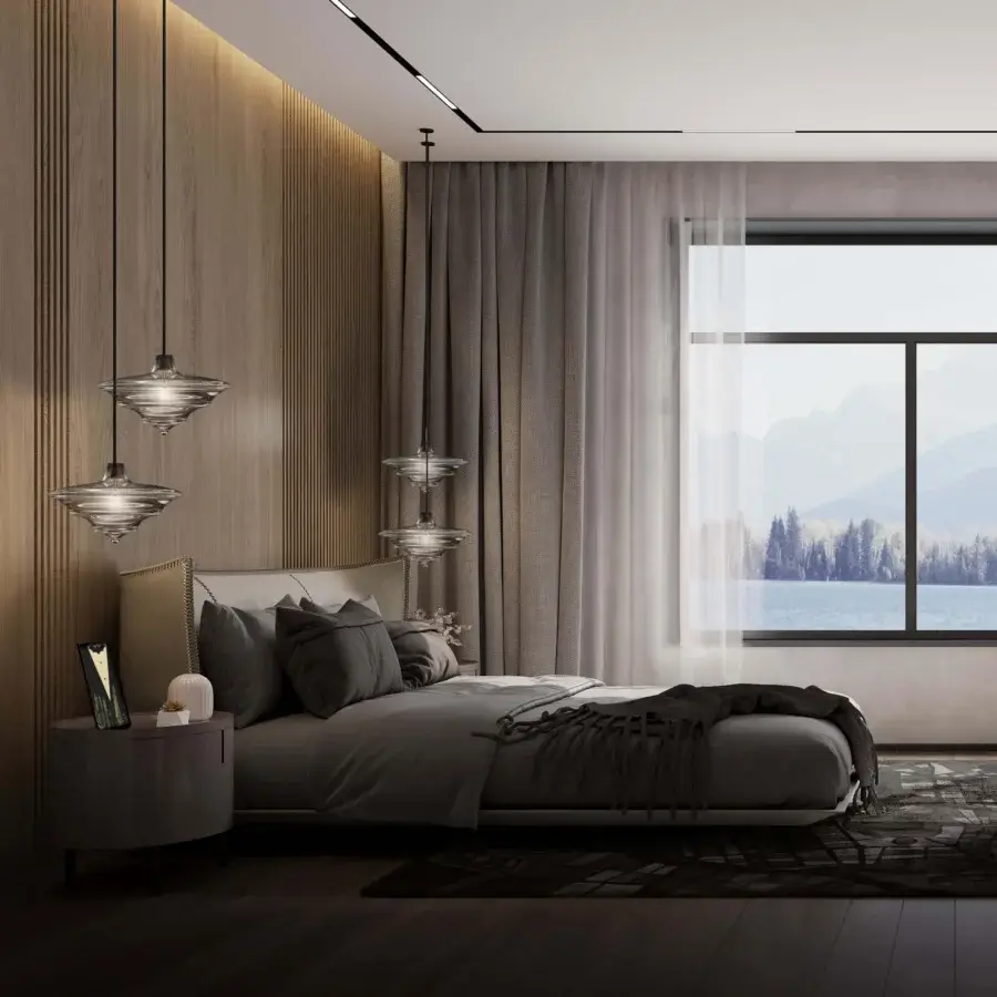 Superior WAYNE Enterprises WE-023 nightstand with curved lines in muted gray lacquer and barely visible dark legs