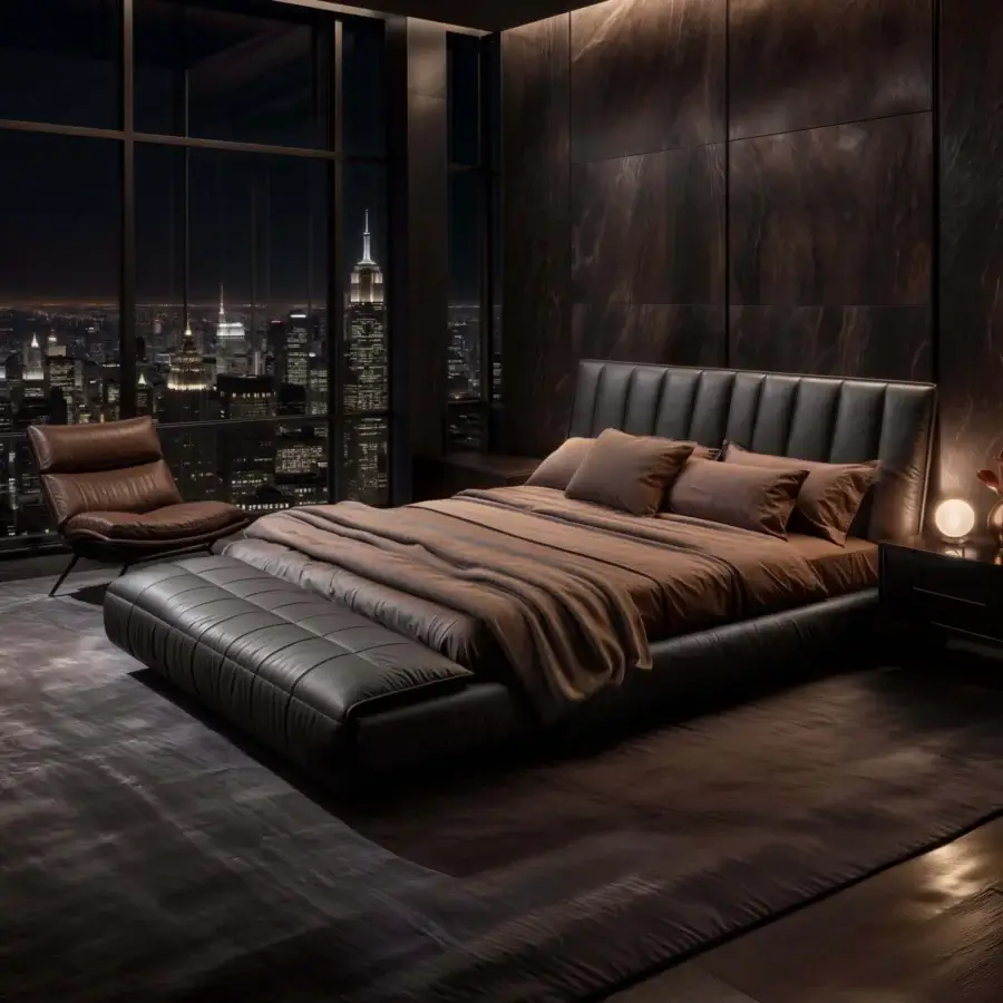 Leather bed with dark brown tufted headboard, low platform, and layered bedding in a modern bedroom with cityscape view.