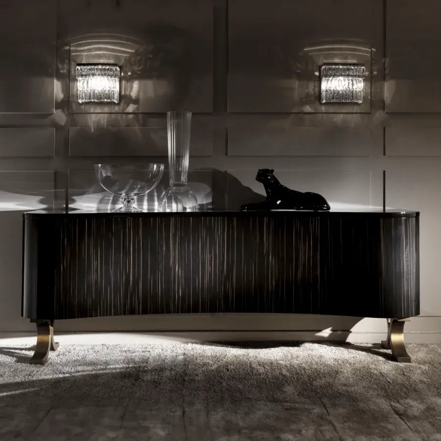 Distinguished DV Home Collection Form sideboard with quilted leather doors and ebano macassar veneered structure in glossy dark brown finish