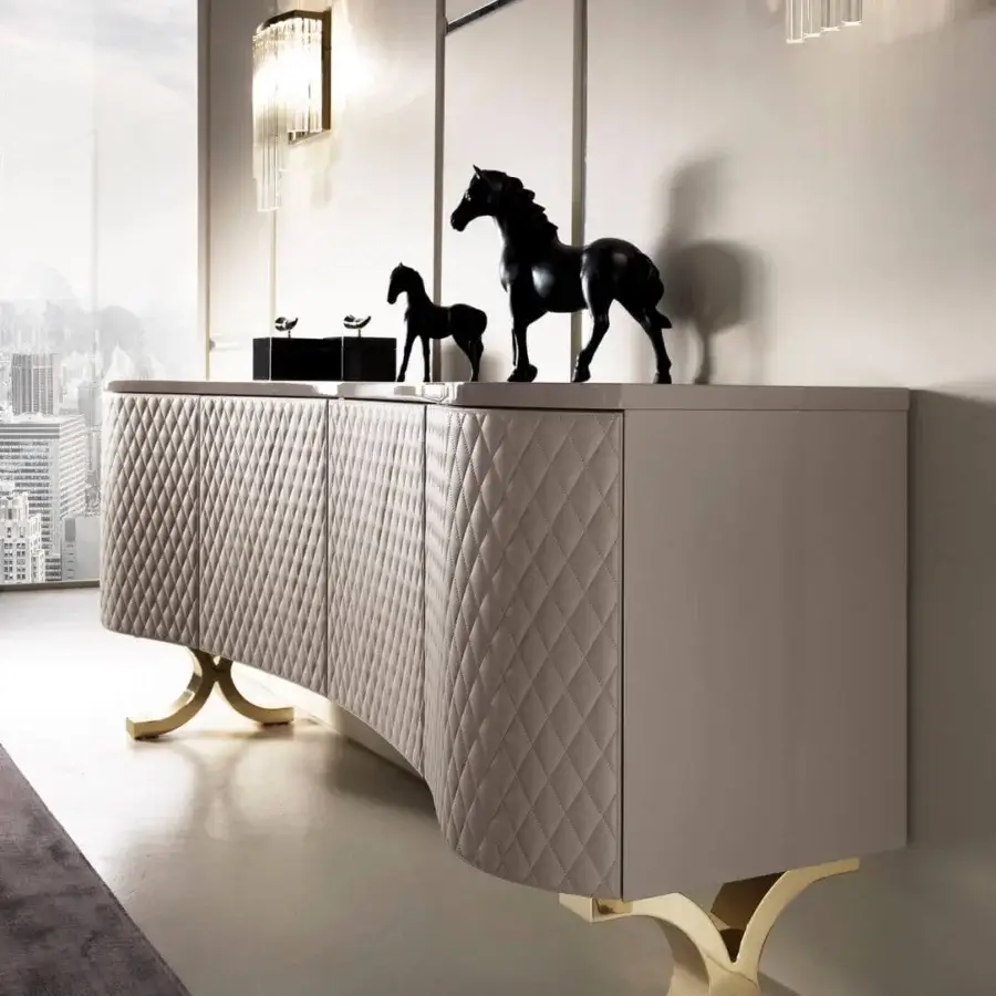 Distinguished DV Home Collection Form sideboard with lacquered structure, quilted leather doors and stainless steel base