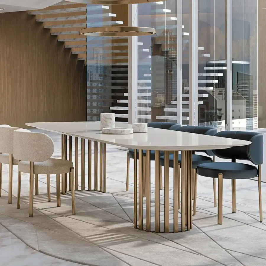 Captivating Turri Roma table with elongated rounded triangular glossy lacquered wood top and clustered golden tone metal base