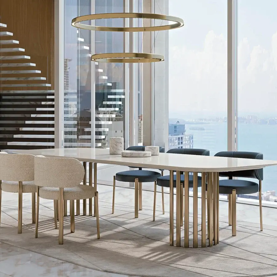 Distinguished Turri Roma table with glossy light-colored lacquer tabletop and gold-toned vertical metal tube base