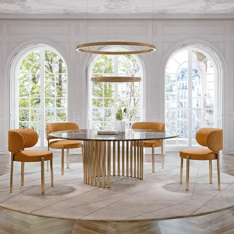 Distinguished Turri Roma table with glossy dark speckled material top and gleaming gold-toned vertical metal base
