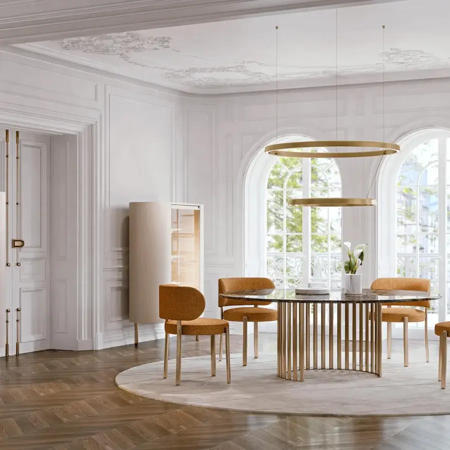 Superior Turri Roma table with glossy lacquered wood top and vertical gold-toned metal tube base